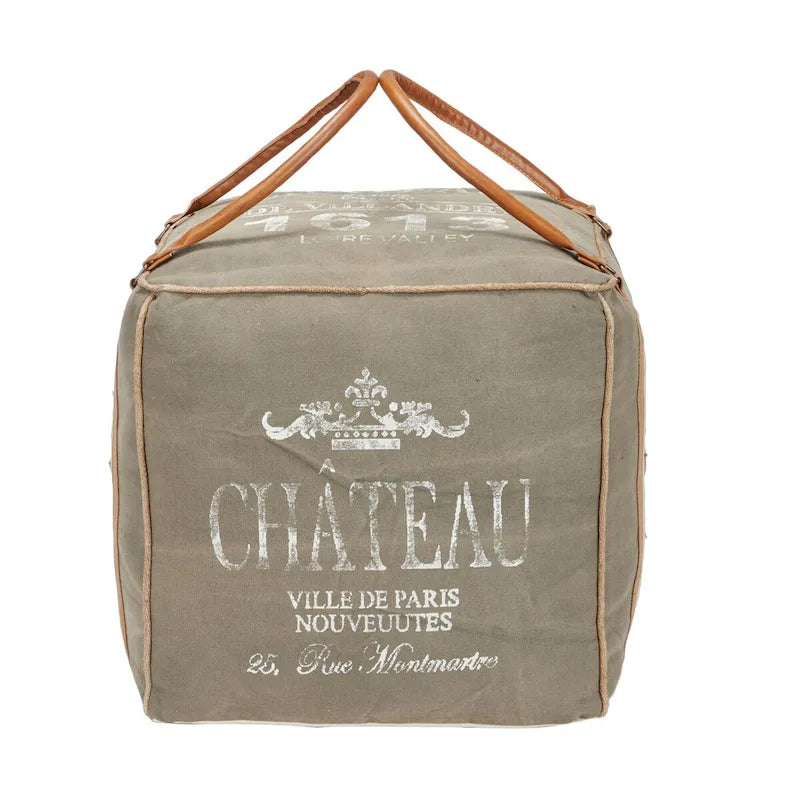 Rustic Square Canvas Pouf with Genuine Leather Handles – Multiple Colors