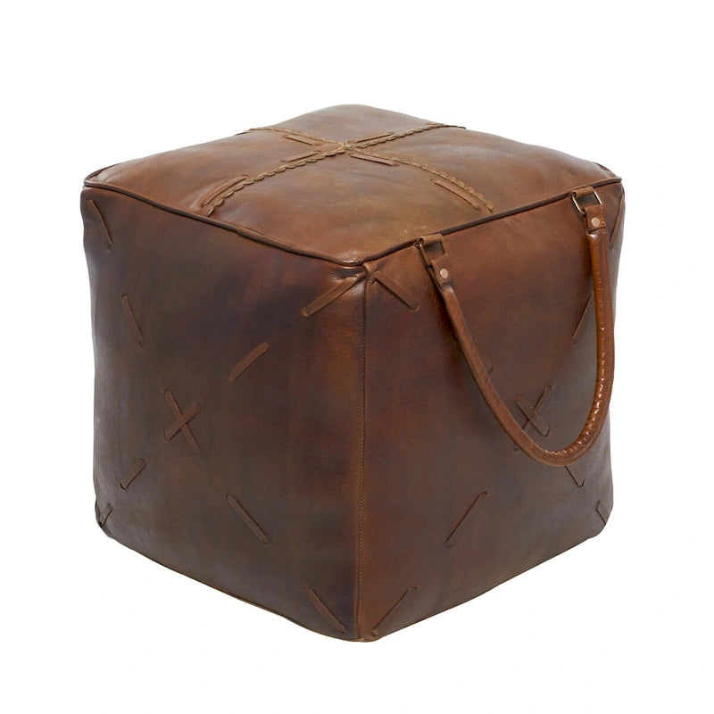 Rustic Square Canvas Pouf with Genuine Leather Handles – Multiple Colors