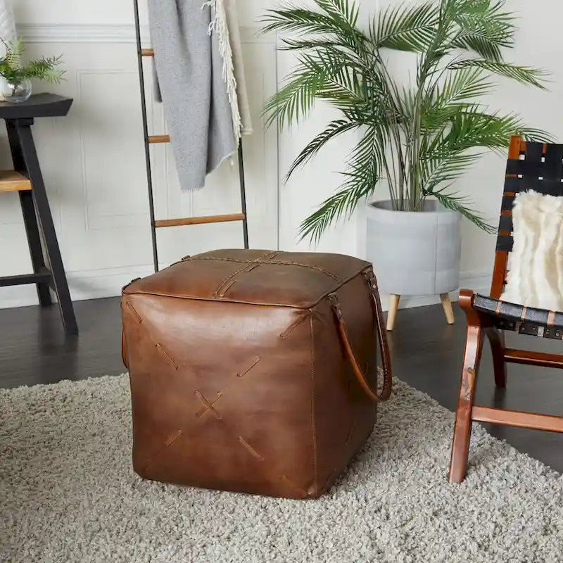 Rustic Square Canvas Pouf with Genuine Leather Handles – Multiple Colors