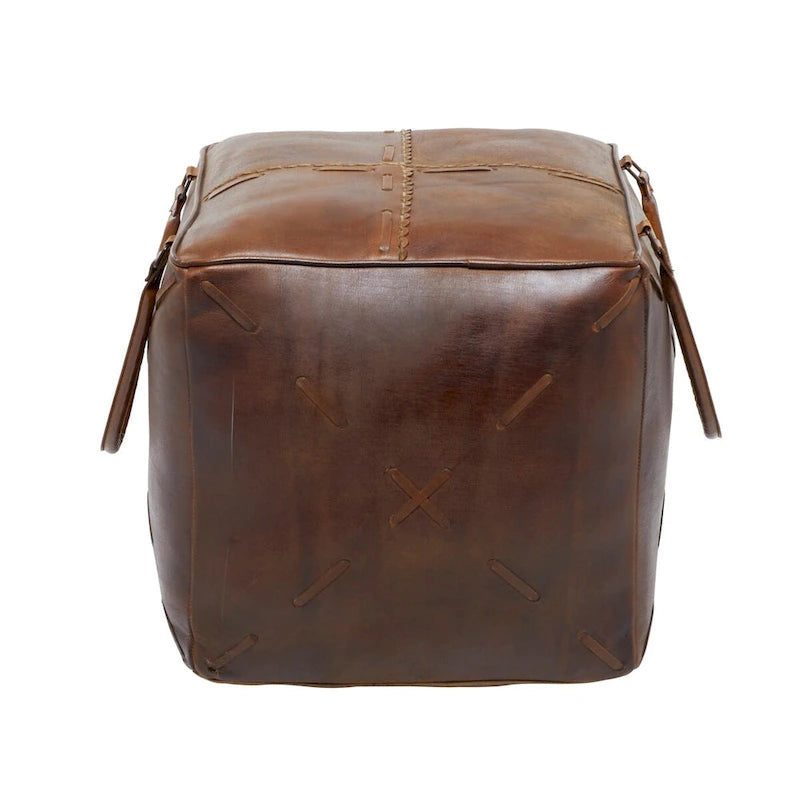 Rustic Square Canvas Pouf with Genuine Leather Handles – Multiple Colors