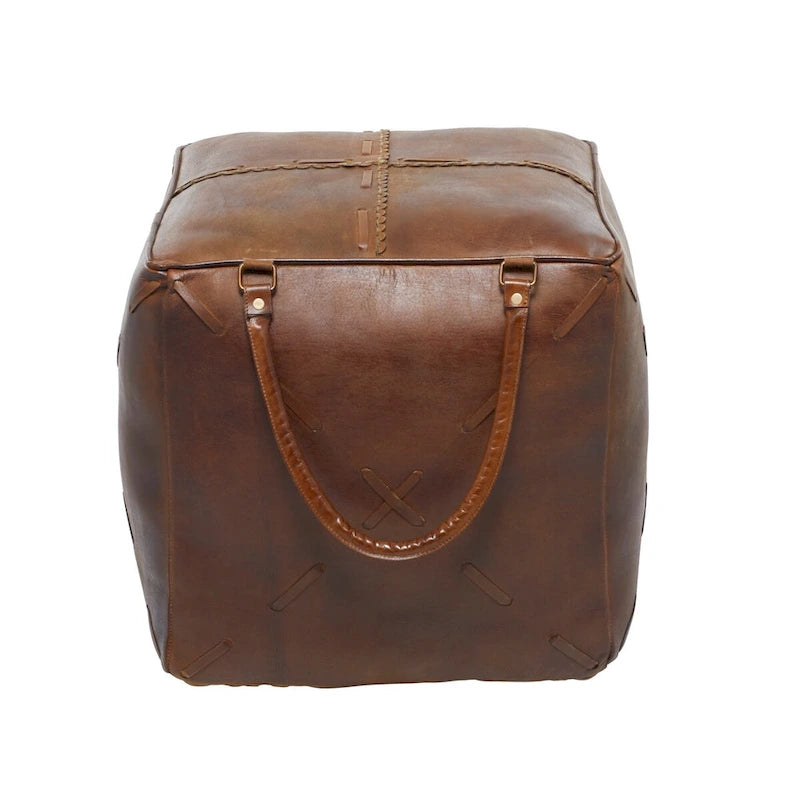 Rustic Square Canvas Pouf with Genuine Leather Handles – Multiple Colors