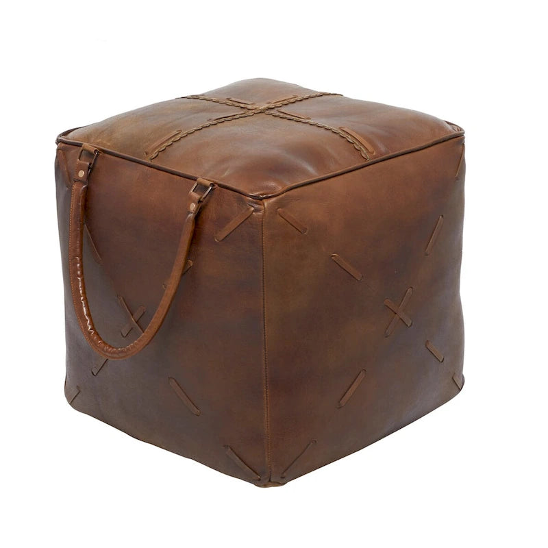 Rustic Square Canvas Pouf with Genuine Leather Handles – Multiple Colors