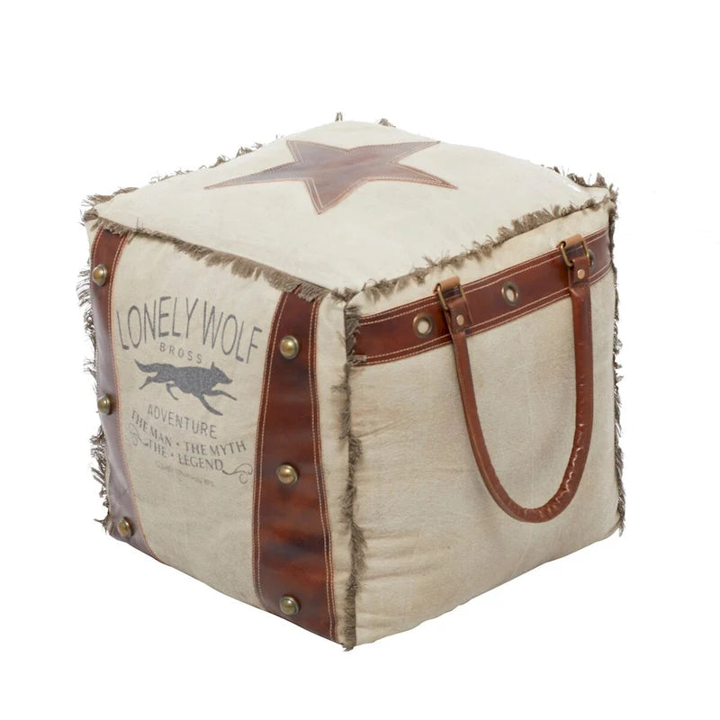 Rustic Square Canvas Pouf with Genuine Leather Handles – Multiple Colors