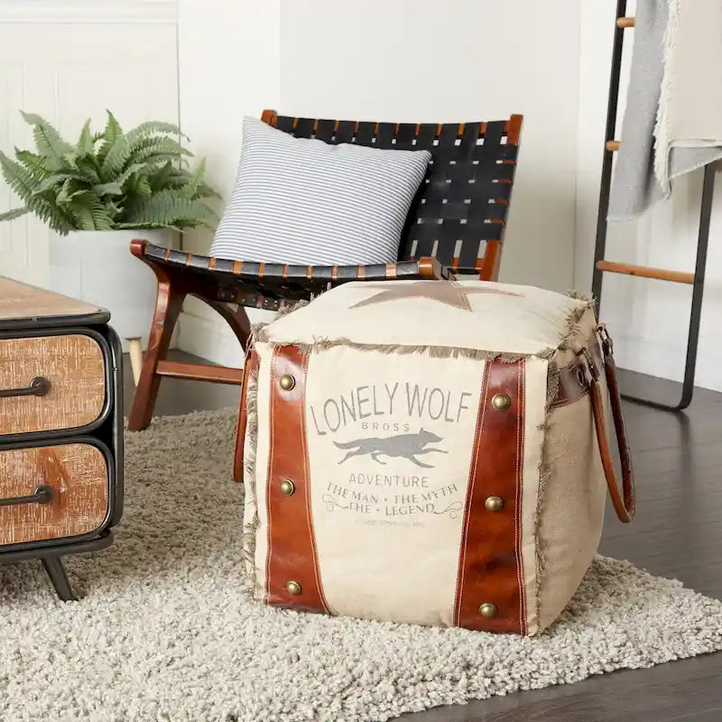Rustic Square Canvas Pouf with Genuine Leather Handles – Multiple Colors