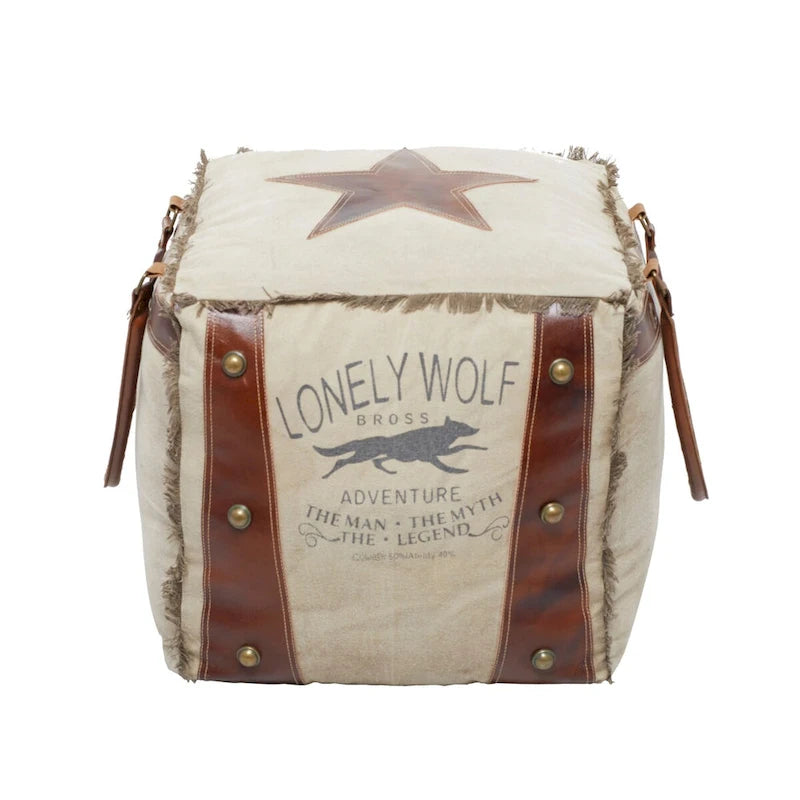 Rustic Square Canvas Pouf with Genuine Leather Handles – Multiple Colors