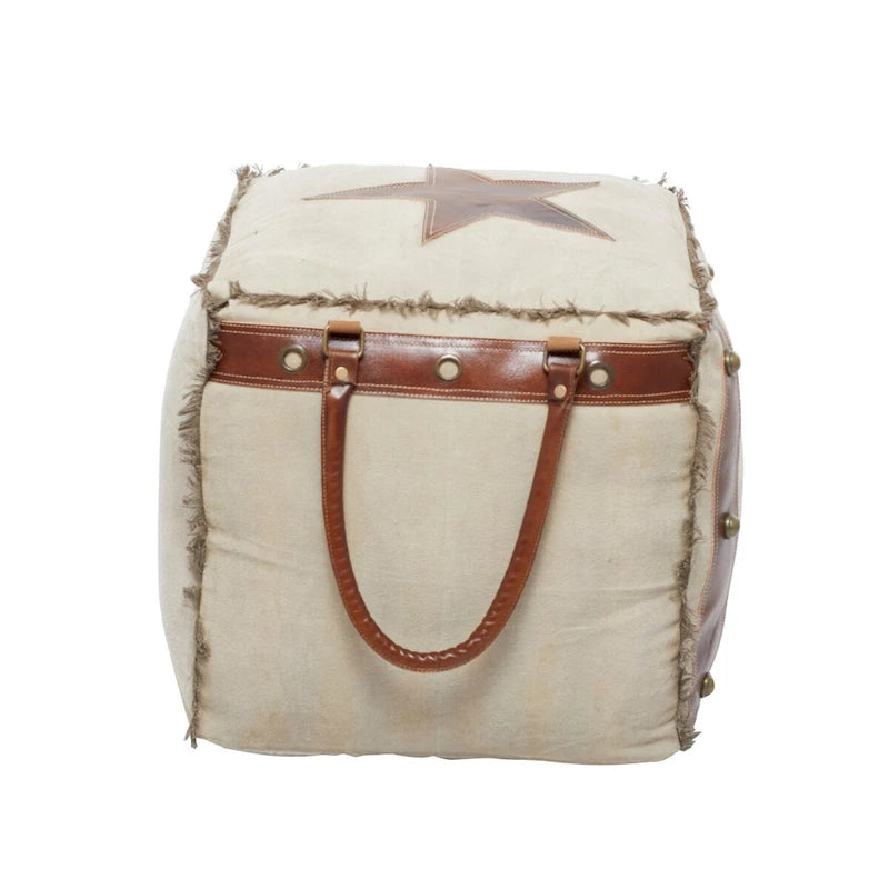 Rustic Square Canvas Pouf with Genuine Leather Handles – Multiple Colors