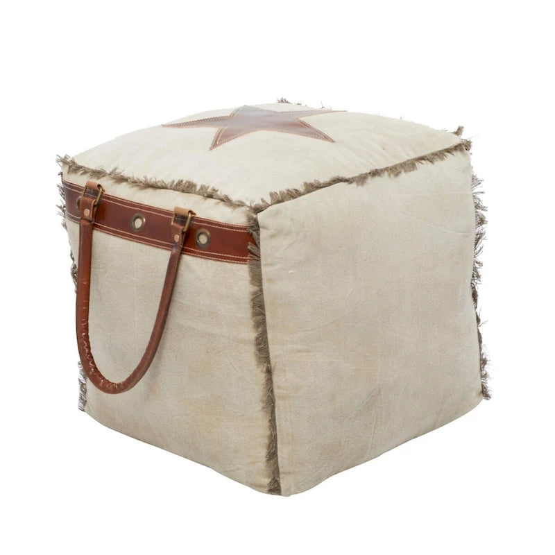 Rustic Square Canvas Pouf with Genuine Leather Handles – Multiple Colors