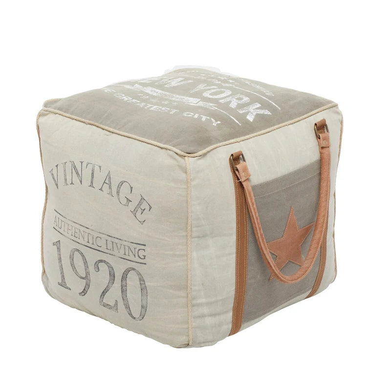 Rustic Square Canvas Pouf with Genuine Leather Handles – Multiple Colors