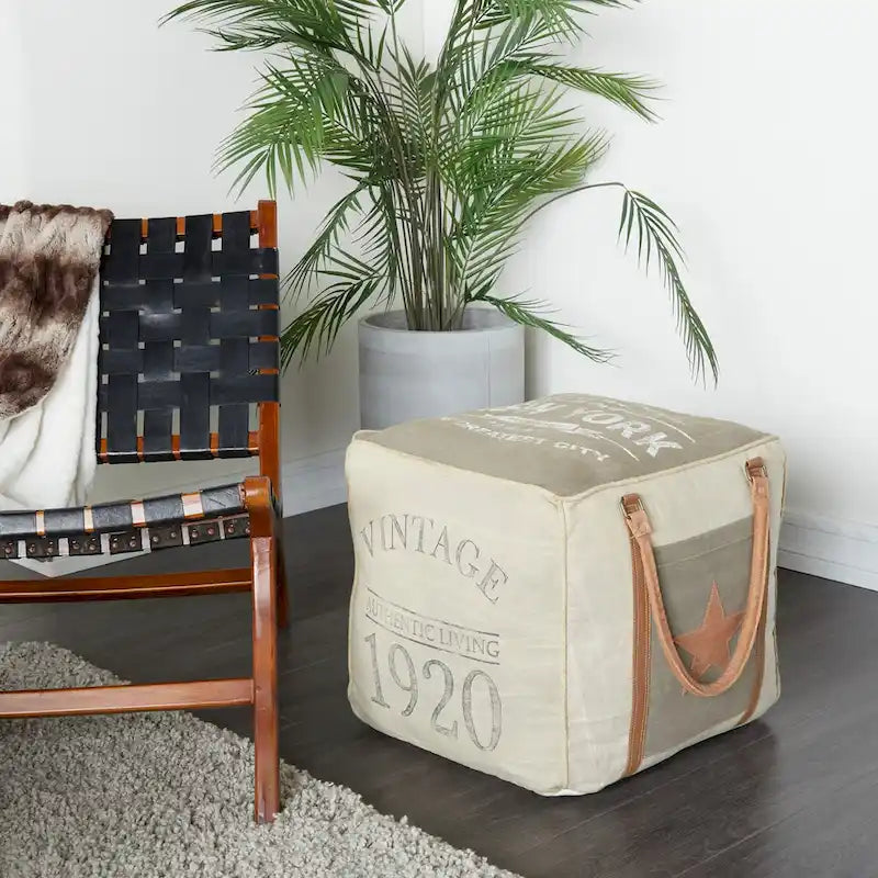 Rustic Square Canvas Pouf with Genuine Leather Handles – Multiple Colors