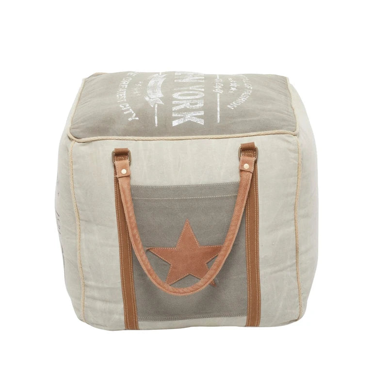 Rustic Square Canvas Pouf with Genuine Leather Handles – Multiple Colors