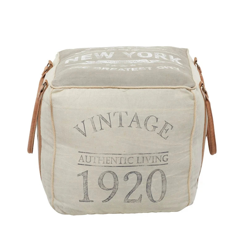 Rustic Square Canvas Pouf with Genuine Leather Handles – Multiple Colors