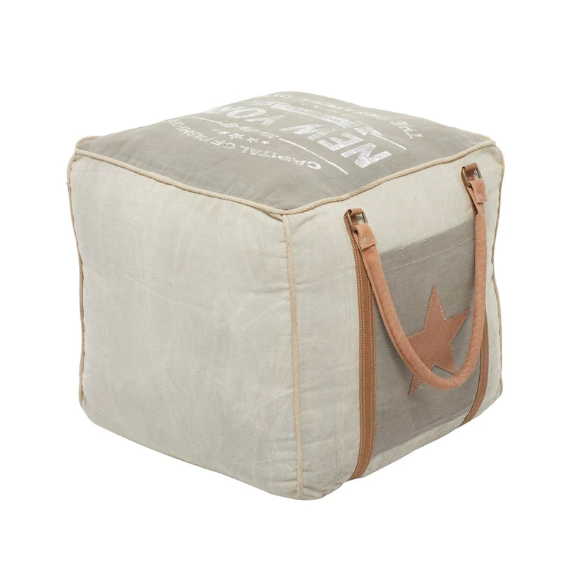 Rustic Square Canvas Pouf with Genuine Leather Handles – Multiple Colors