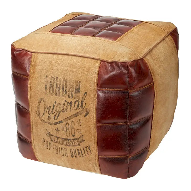 Rustic Square Canvas Pouf with Genuine Leather Handles – Multiple Colors