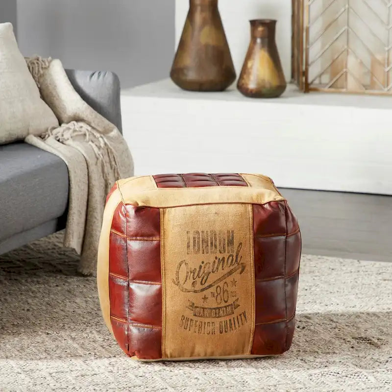Rustic Square Canvas Pouf with Genuine Leather Handles – Multiple Colors