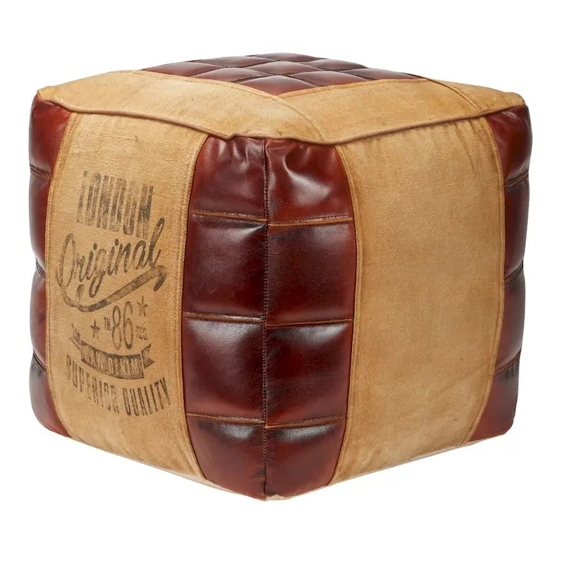 Rustic Square Canvas Pouf with Genuine Leather Handles – Multiple Colors