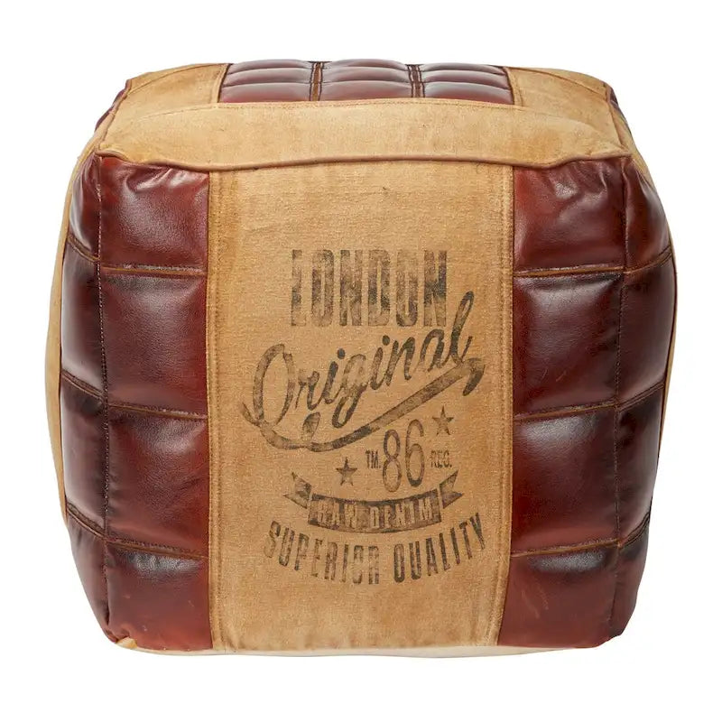 Rustic Square Canvas Pouf with Genuine Leather Handles – Multiple Colors