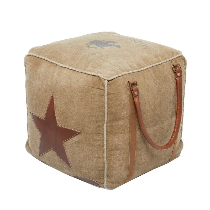 Rustic Square Canvas Pouf with Genuine Leather Handles – Multiple Colors