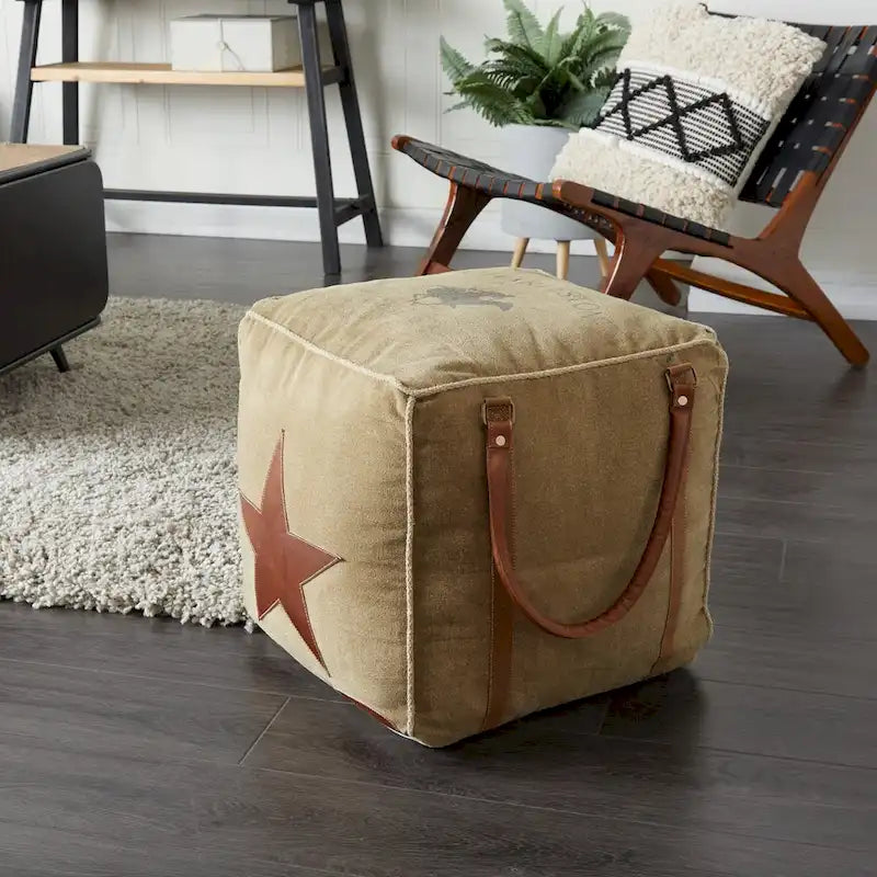 Rustic Square Canvas Pouf with Genuine Leather Handles – Multiple Colors