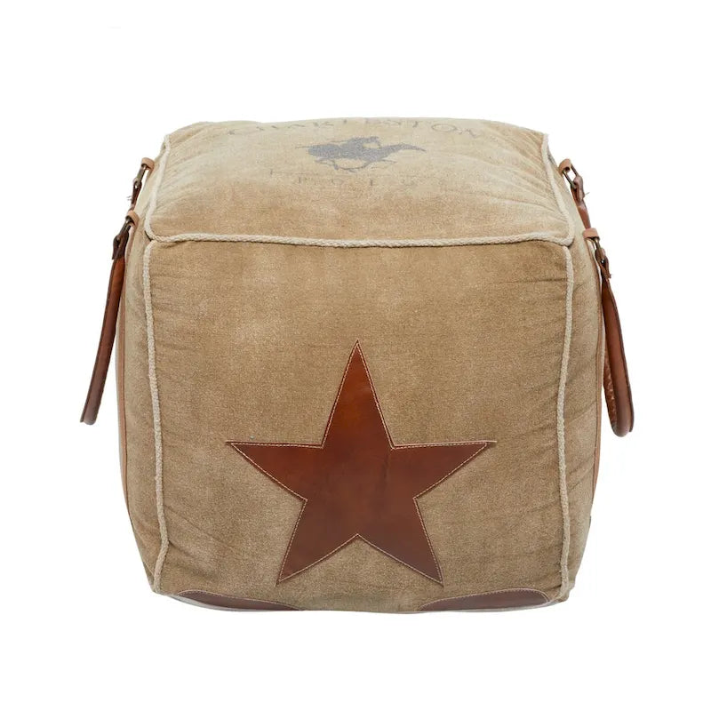 Rustic Square Canvas Pouf with Genuine Leather Handles – Multiple Colors