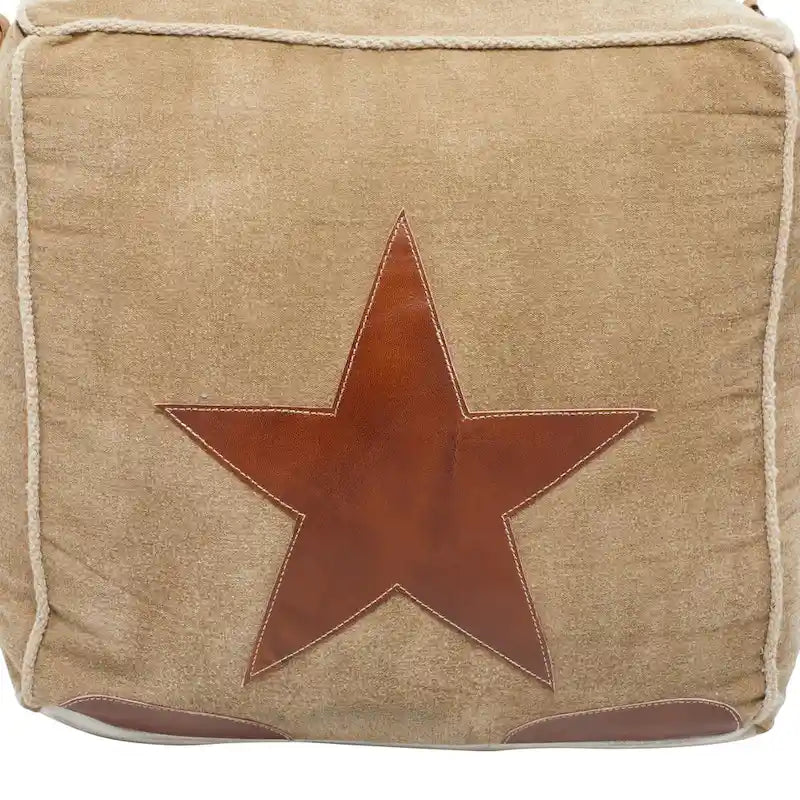 Rustic Square Canvas Pouf with Genuine Leather Handles – Multiple Colors