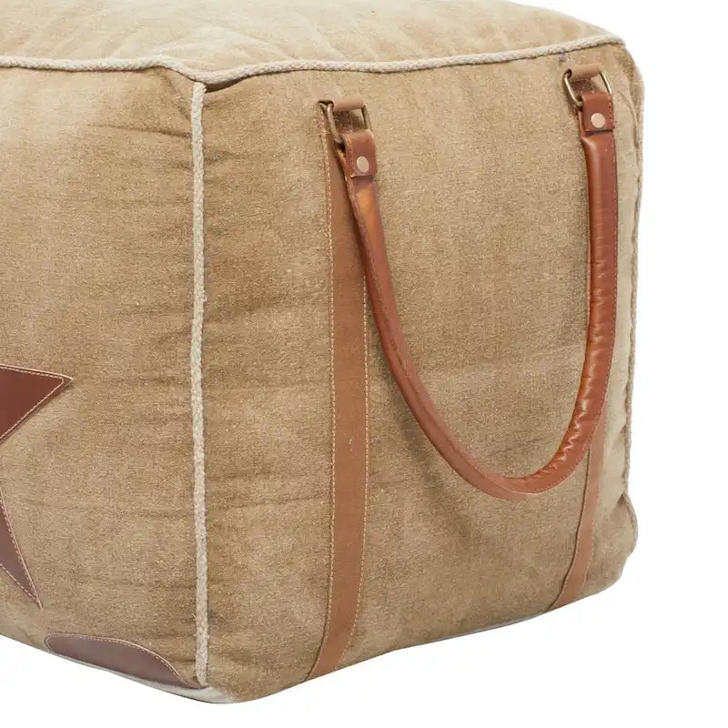 Rustic Square Canvas Pouf with Genuine Leather Handles – Multiple Colors