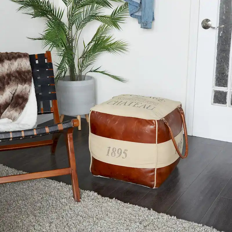 Rustic Square Canvas Pouf with Genuine Leather Handles – Multiple Colors
