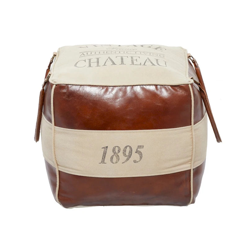 Rustic Square Canvas Pouf with Genuine Leather Handles – Multiple Colors
