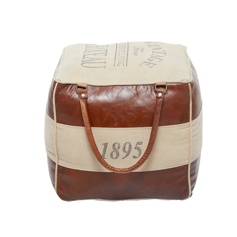 Rustic Square Canvas Pouf with Genuine Leather Handles – Multiple Colors