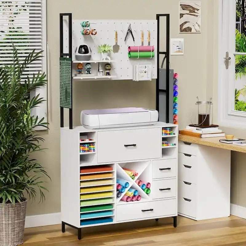 White Craft Organizers and Storage Cabinet Compatible with Cricut Machines