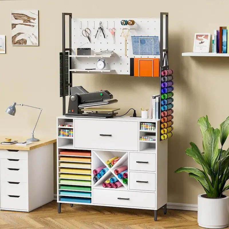White Craft Organizers and Storage Cabinet Compatible with Cricut Machines