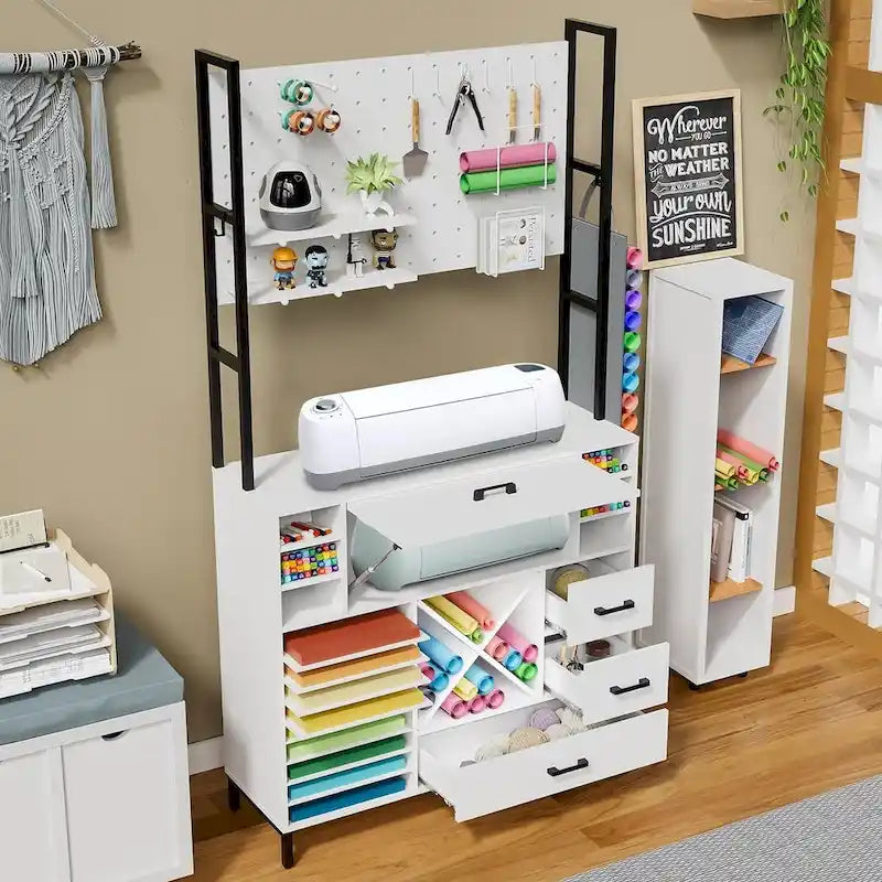 White Craft Organizers and Storage Cabinet Compatible with Cricut Machines