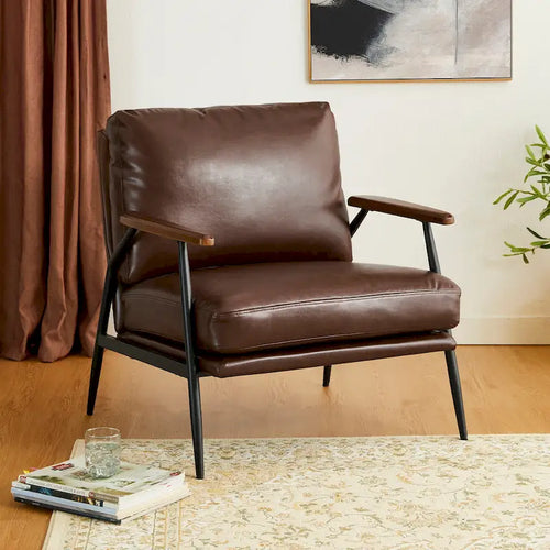 28" Mid-Century Modern Faux Leather Accent Armchair with Wood Armrests