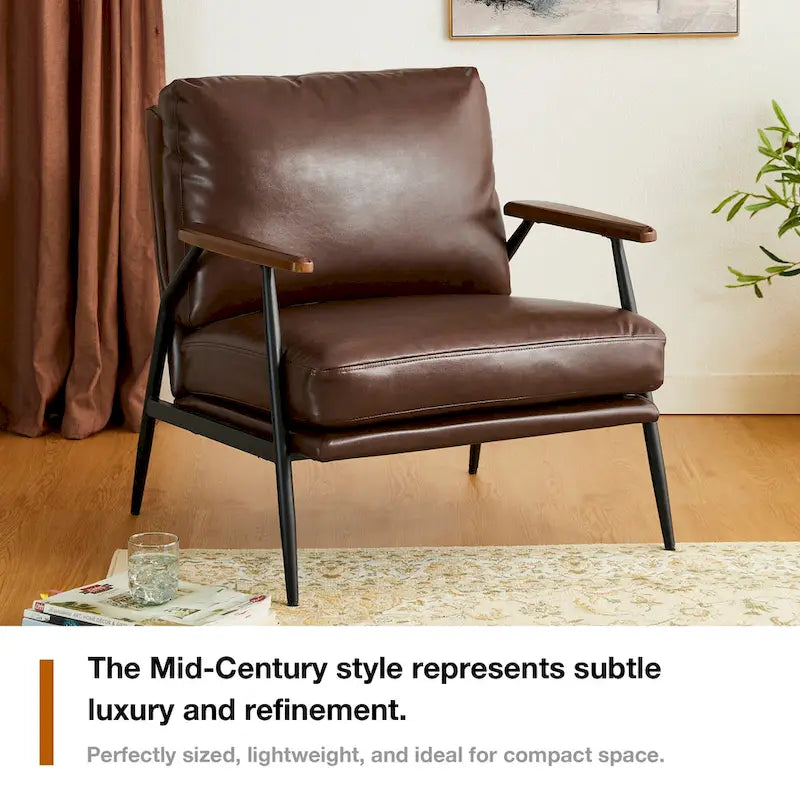 28" Mid-Century Modern Faux Leather Accent Armchair with Wood Armrests