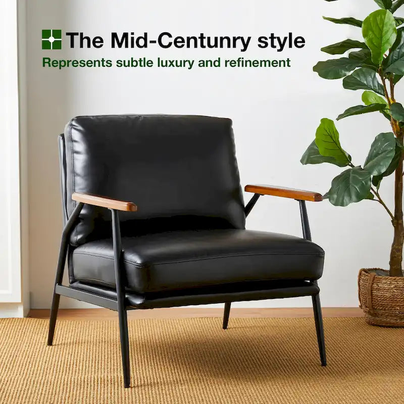 28" Mid-Century Modern Faux Leather Accent Armchair with Wood Armrests