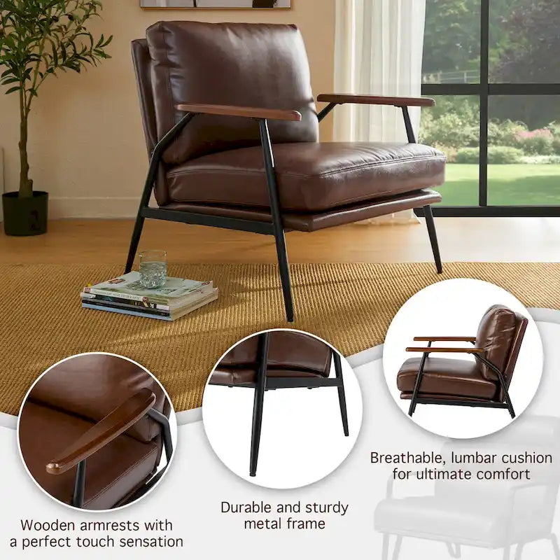 28" Mid-Century Modern Faux Leather Accent Armchair with Wood Armrests