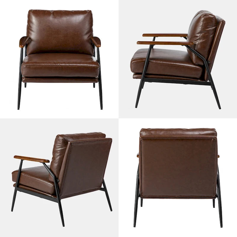 28" Mid-Century Modern Faux Leather Accent Armchair with Wood Armrests