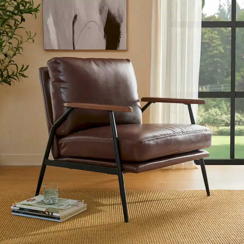 28" Mid-Century Modern Faux Leather Accent Armchair with Wood Armrests