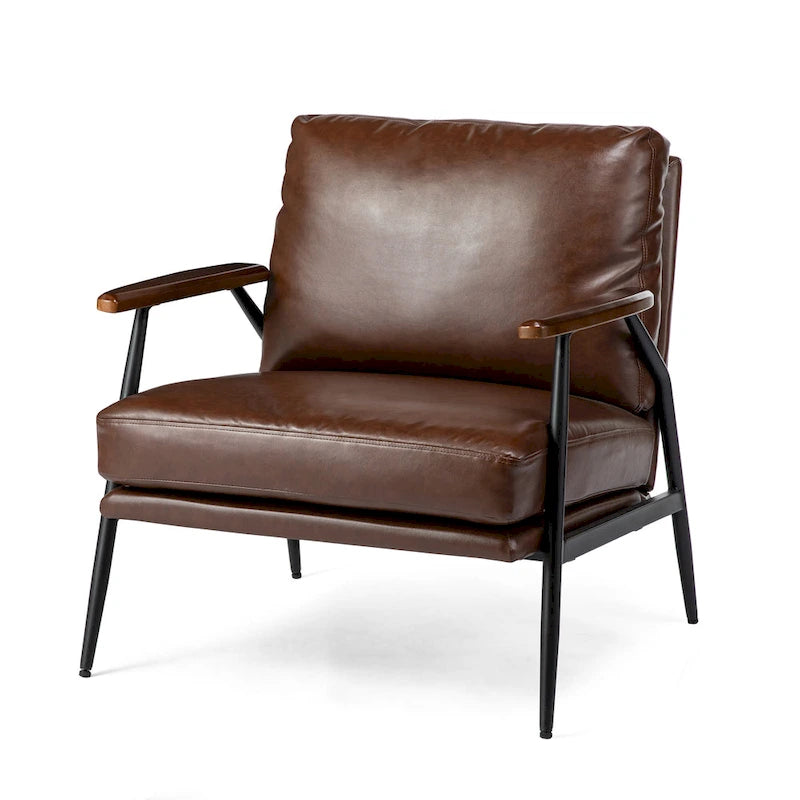 28" Mid-Century Modern Faux Leather Accent Armchair with Wood Armrests