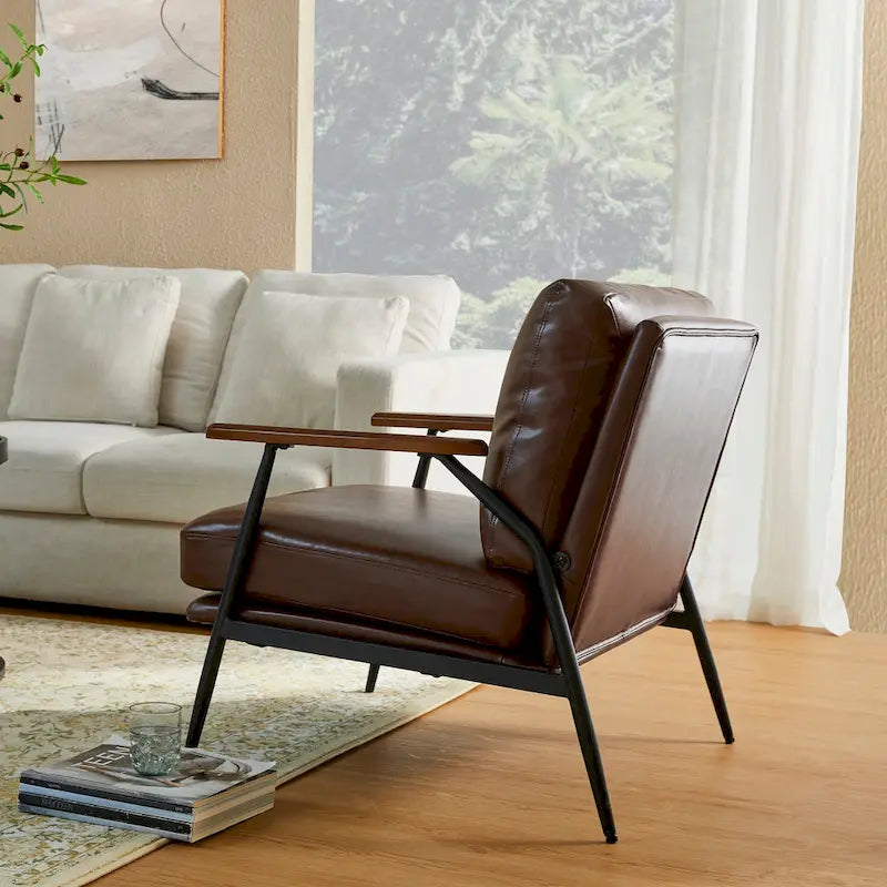28" Mid-Century Modern Faux Leather Accent Armchair with Wood Armrests