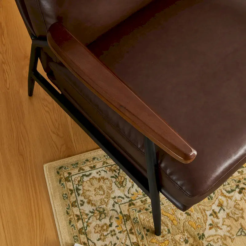 28" Mid-Century Modern Faux Leather Accent Armchair with Wood Armrests