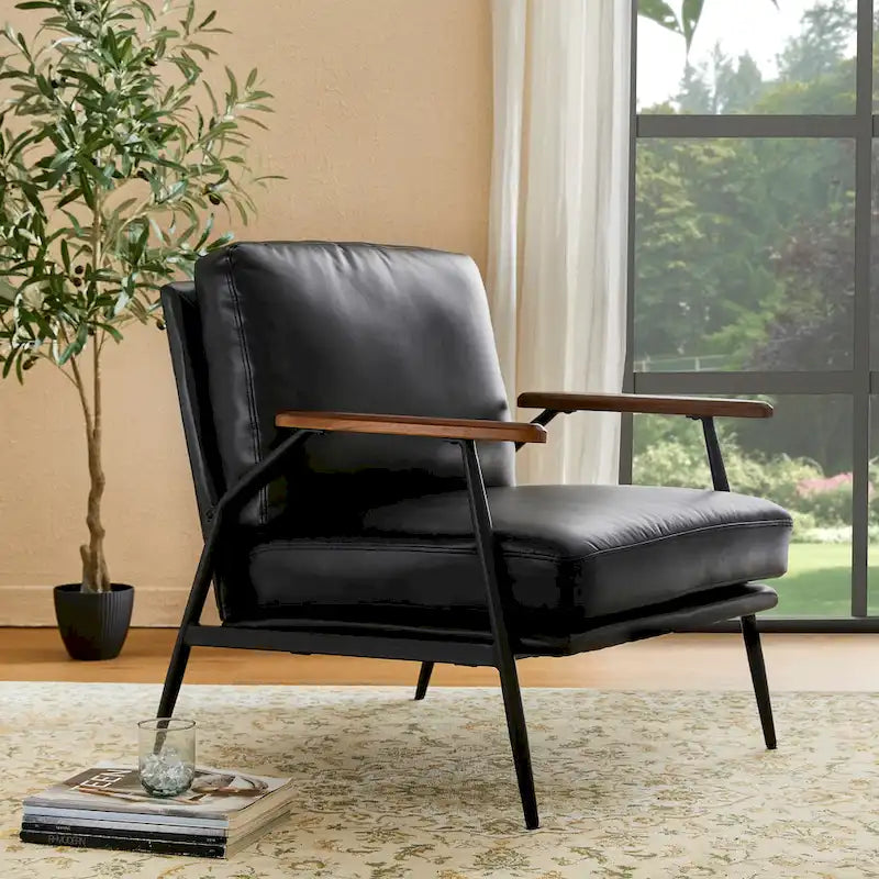 28" Mid-Century Modern Faux Leather Accent Armchair with Wood Armrests