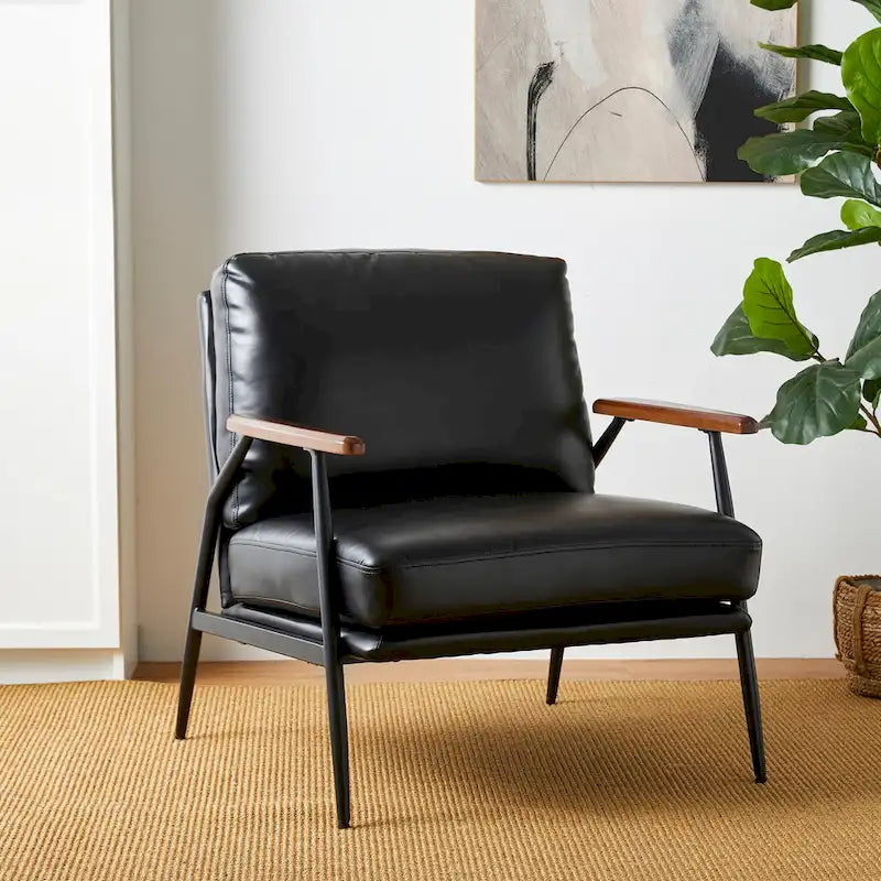 28" Mid-Century Modern Faux Leather Accent Armchair with Wood Armrests
