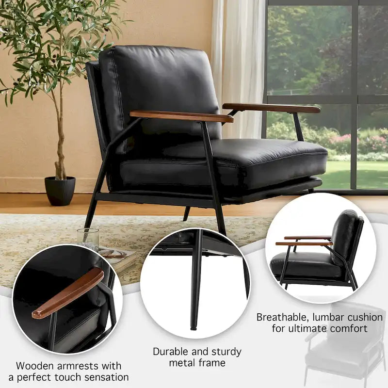 28" Mid-Century Modern Faux Leather Accent Armchair with Wood Armrests