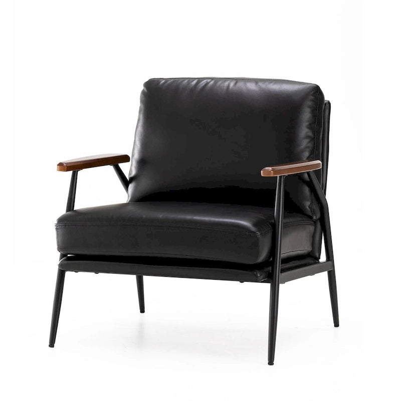28" Mid-Century Modern Faux Leather Accent Armchair with Wood Armrests