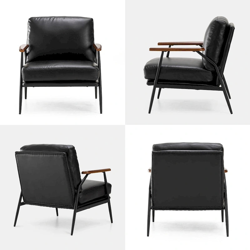 28" Mid-Century Modern Faux Leather Accent Armchair with Wood Armrests