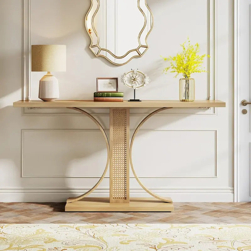 55 Inches Rattan Console Table for Living Room, Hallway, Foyer