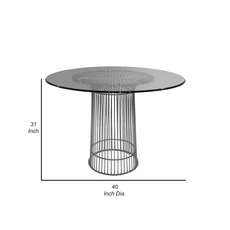 40 Inch Dining Table, Round Tempered Glass Top, Open Padestal Base