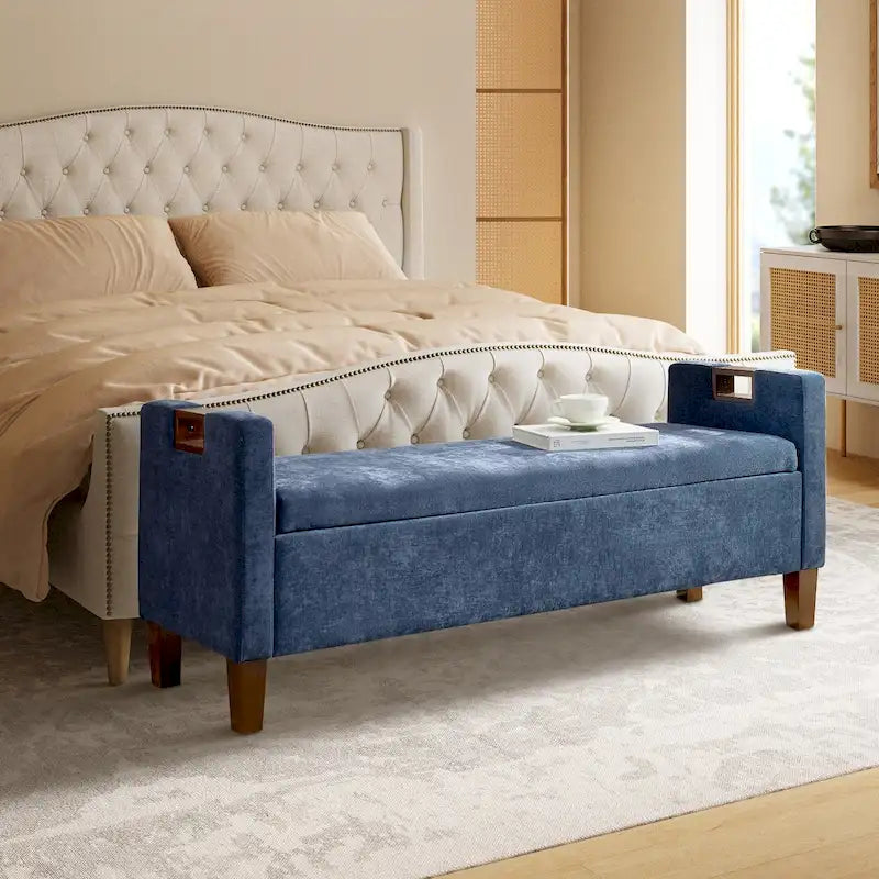 Upholstered Storage Bench with Hidden Compartment & Solid Wood Legs