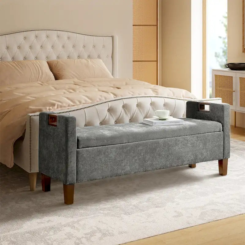 Upholstered Storage Bench with Hidden Compartment & Solid Wood Legs