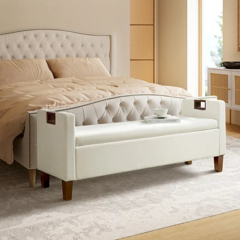Upholstered Storage Bench with Hidden Compartment & Solid Wood Legs